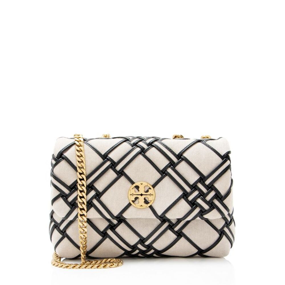 Tory Burch Woven Canvas Leather Kira Small Shoulder Bag